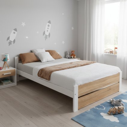 dřevěná postel lea bílá dub sonoma 90x200cm s roštem v dětském pokoji