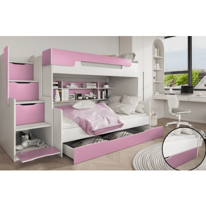 moderní patrová postel HARRY růžová
