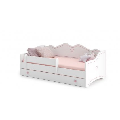 moderní postel emka se zasuvkou bílá s růžovým lemováním
