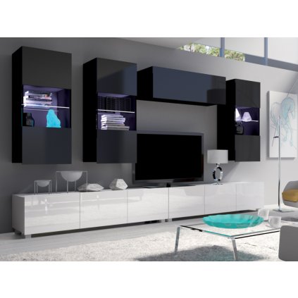 moderní bílo cerná lesklá obývací stěna CALABRINI XI bílá bílý lesk cerná cerný lesk