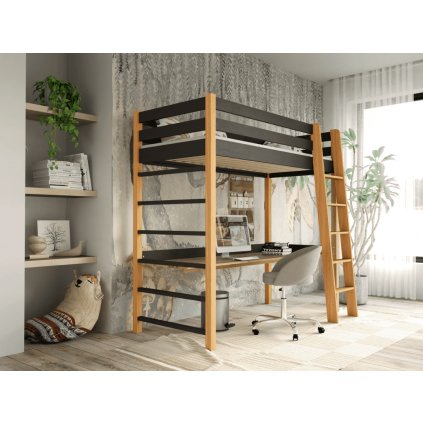 vyvýšená postel NENIO 80 x 190 cm černá dub v dětském pokoji