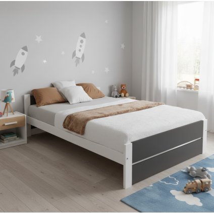 dřevěná postel lea bílá šedá sonoma 90x200cm s roštem v dětském pokoji