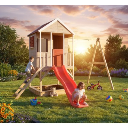 domek bez houpačky v zahradě