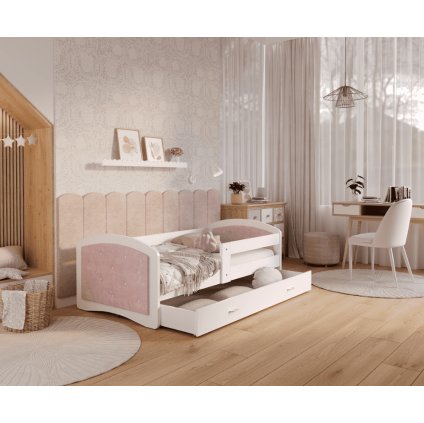 dětská postel MAGGIE s čalouněním růžová v dětském pokoji
