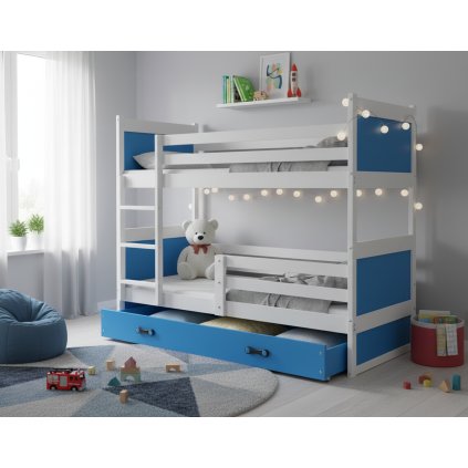 dětská patrová postel rico bílo modra v dětském pokoji