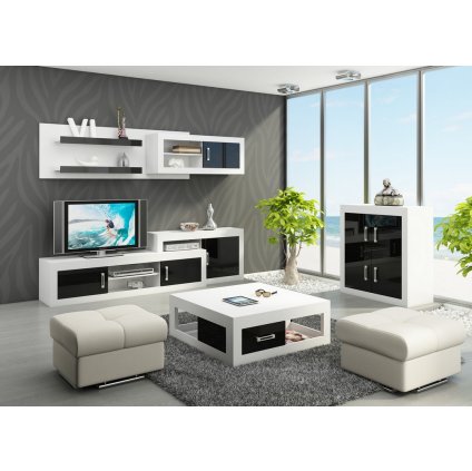 Ohromující obývací stěna VERIN 1, v dokonalém designu bílá/černý lesk