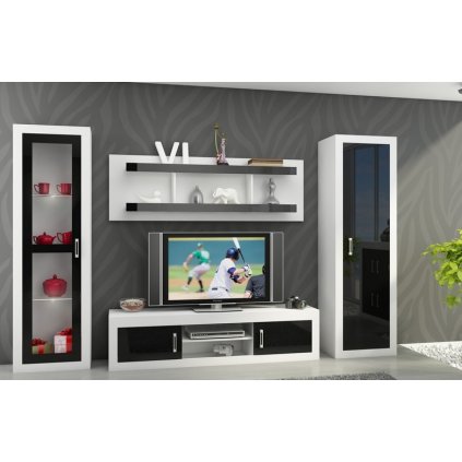 Osobitá obývací stěna VERIN 4, vyrobená v moderním designu bílá / černý lesk