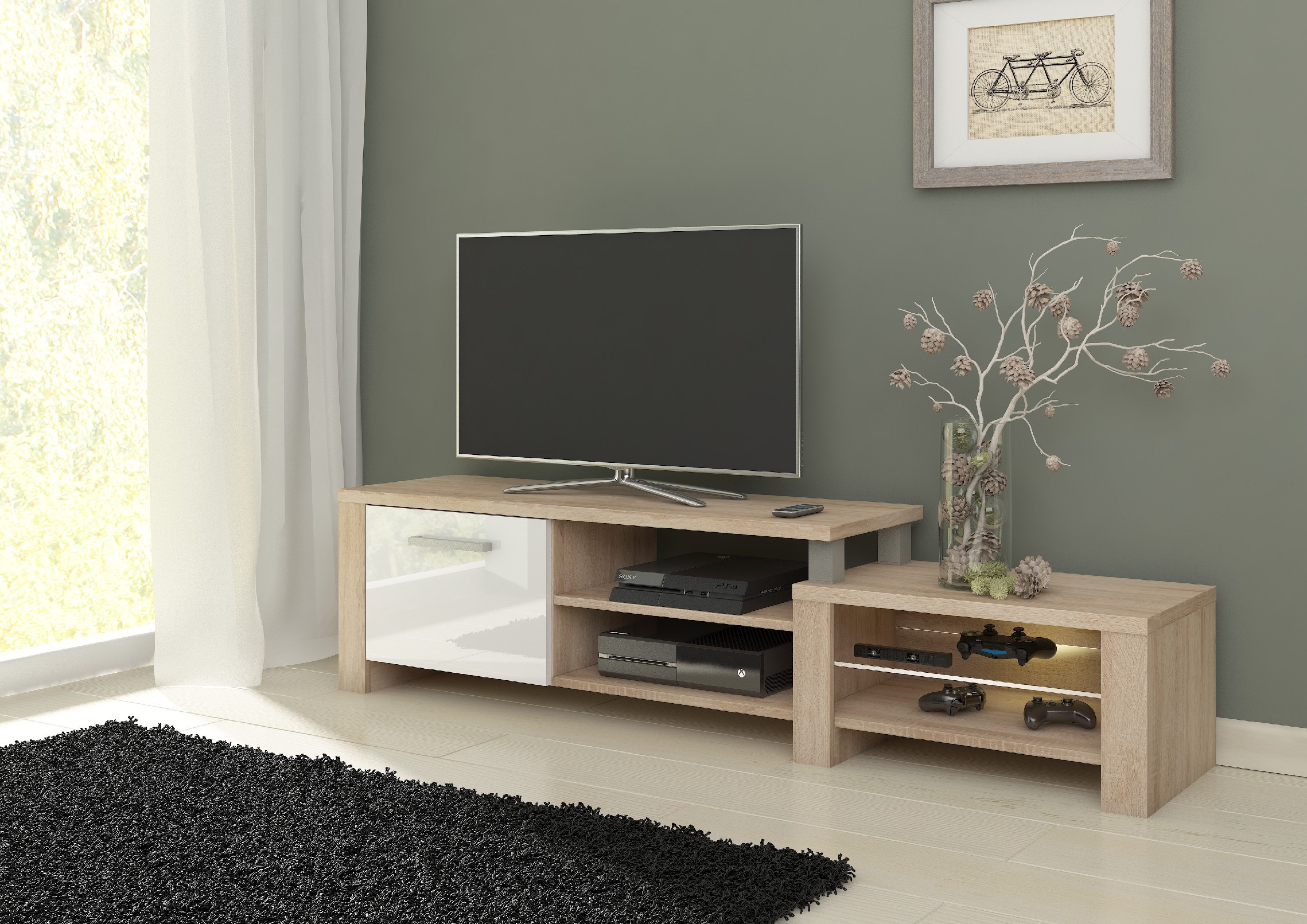 ArtCross TV stolek ORION Barva: Dub sonoma světlý/bílý lesk