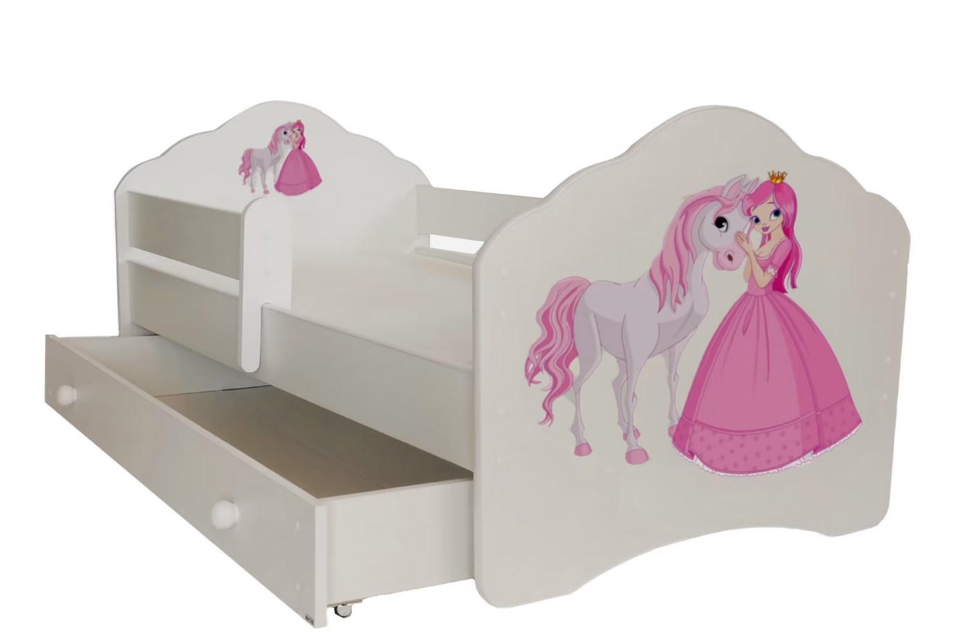 Levně ArtAdrk Dětská postel CASIMO | se zásuvkou a zábranou Provedení: Princezna s koněm