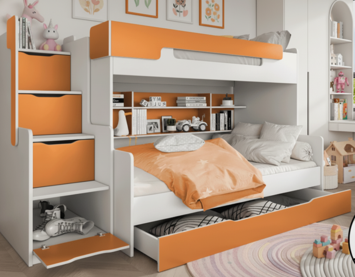 ArtBed Dětská patrová postel s roštem HARRY | bílá/oranžová 120 x 200 cm