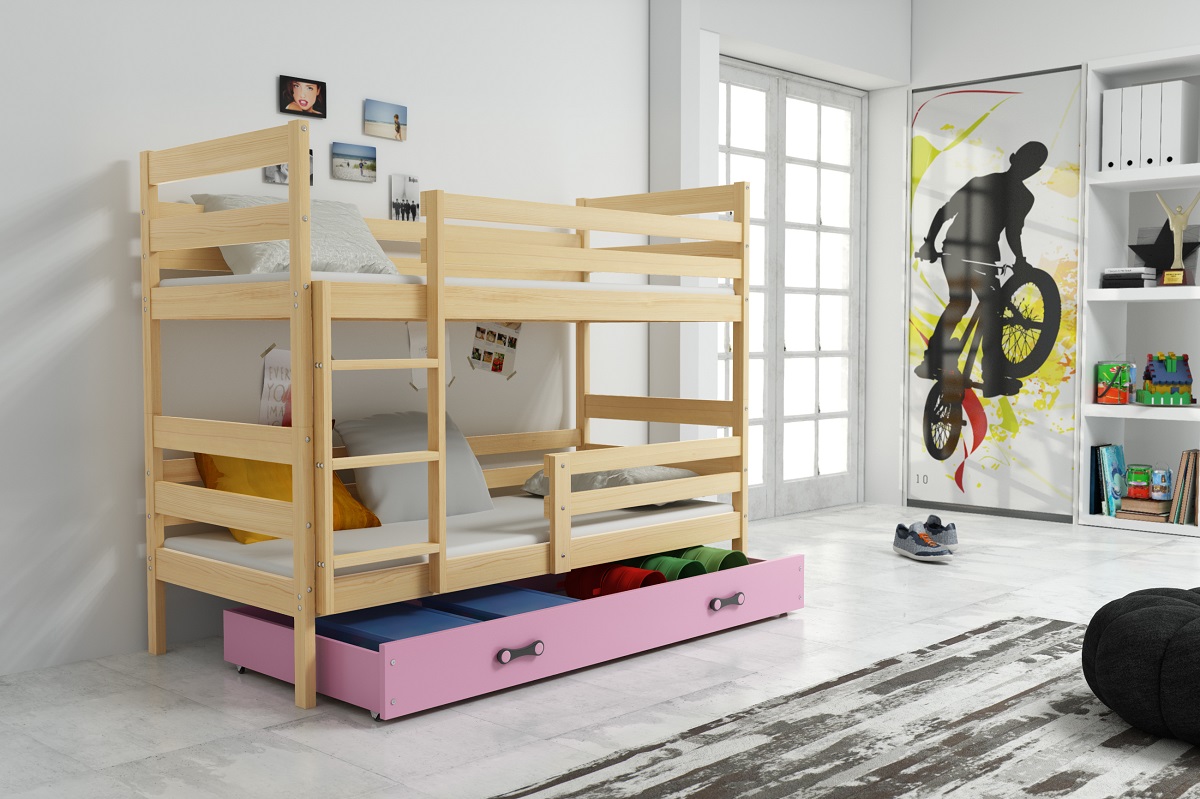 BMS Dětská patrová postel ERYK | borovice Barva: Borovice / růžová, Rozměr: 200 x 90 cm