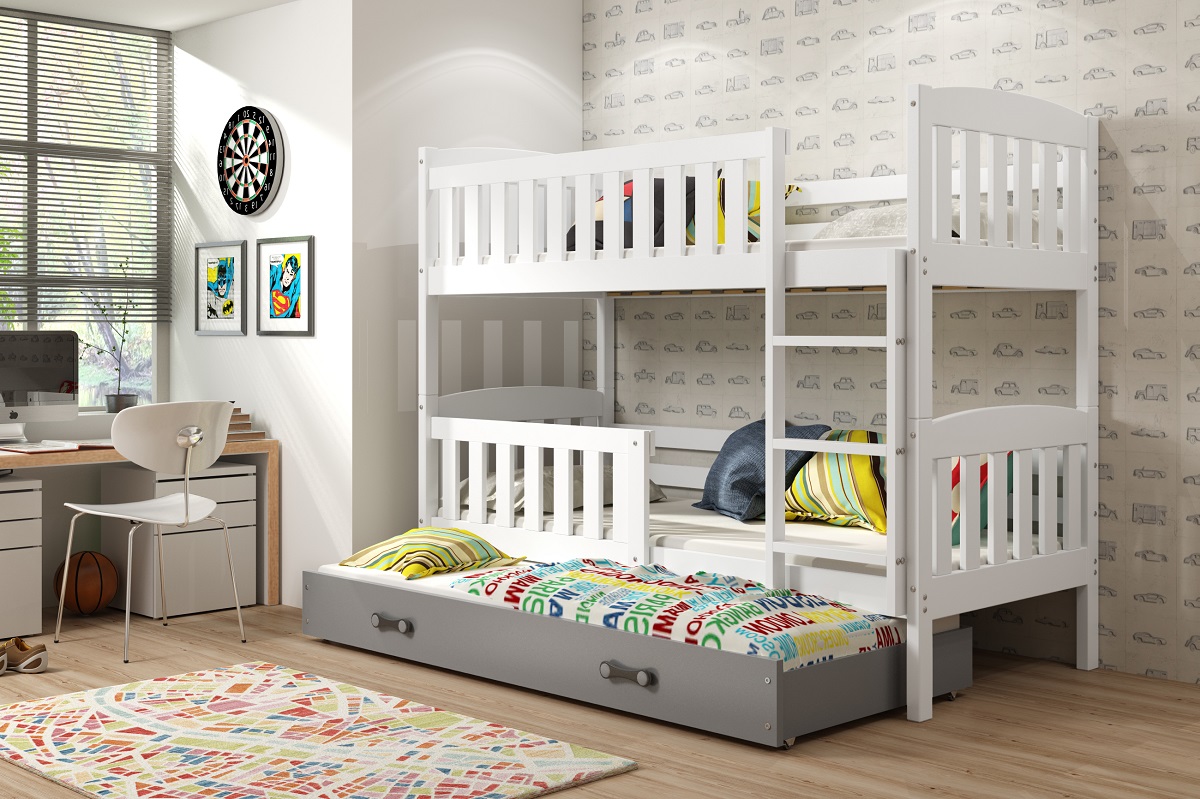 BMS Dětská patrová postel KUBUŠ 3 s přistýlkou | bílá Barva: bílá / šedá, Rozměr: 200 x 90 cm