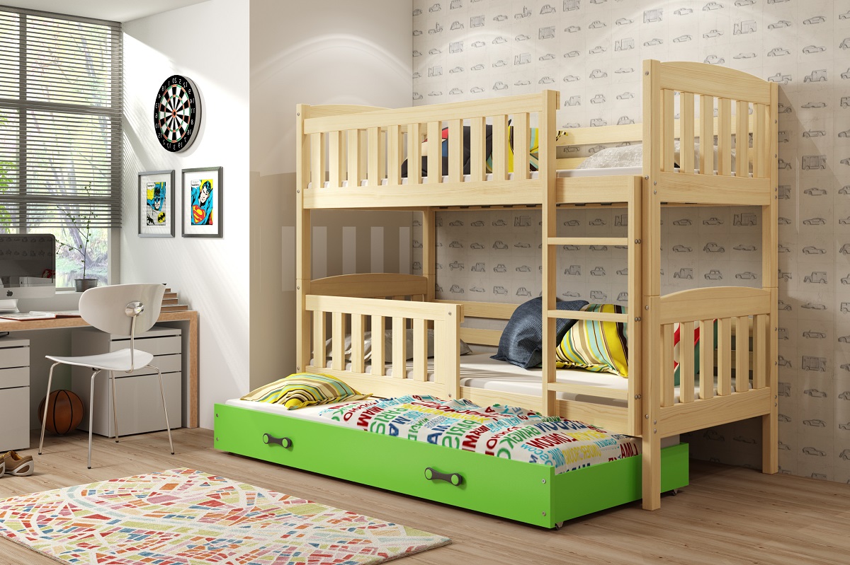 BMS Dětská patrová postel s přistýlkou KUBUŠ 3 | borovice Barva: Borovice / zelená, Rozměr: 200 x 90 cm