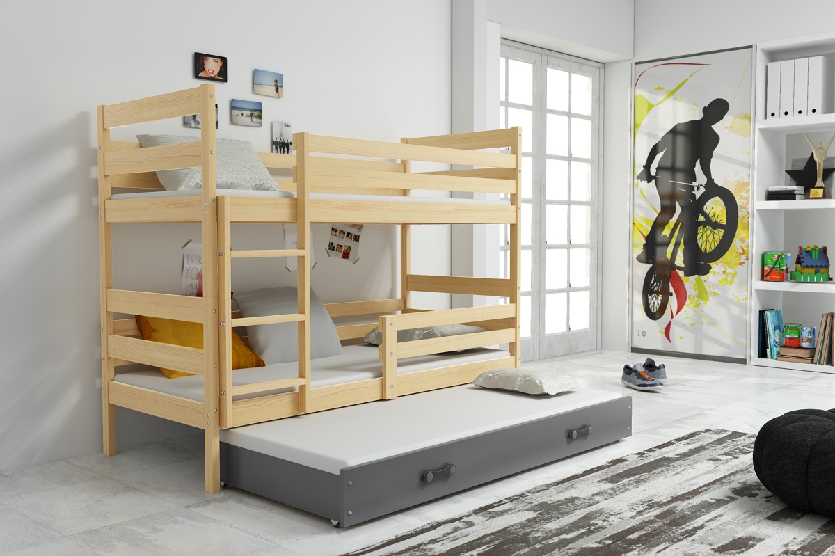 BMS Dětská patrová postel s přistýlkou Eryk 3 | borovice Barva: Borovice / šedá, Rozměr: 190 x 80 cm