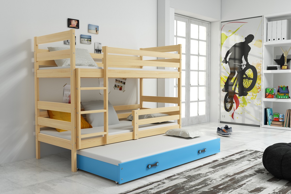 BMS Dětská patrová postel s přistýlkou Eryk 3 | borovice Barva: Borovice / modrá, Rozměr: 190 x 80 cm