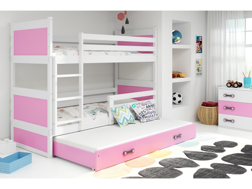 Levně BMS Dětská patrová postel s přistýlkou RICO 3 | bílá 90 x 200 cm Barva: bílá/růžová