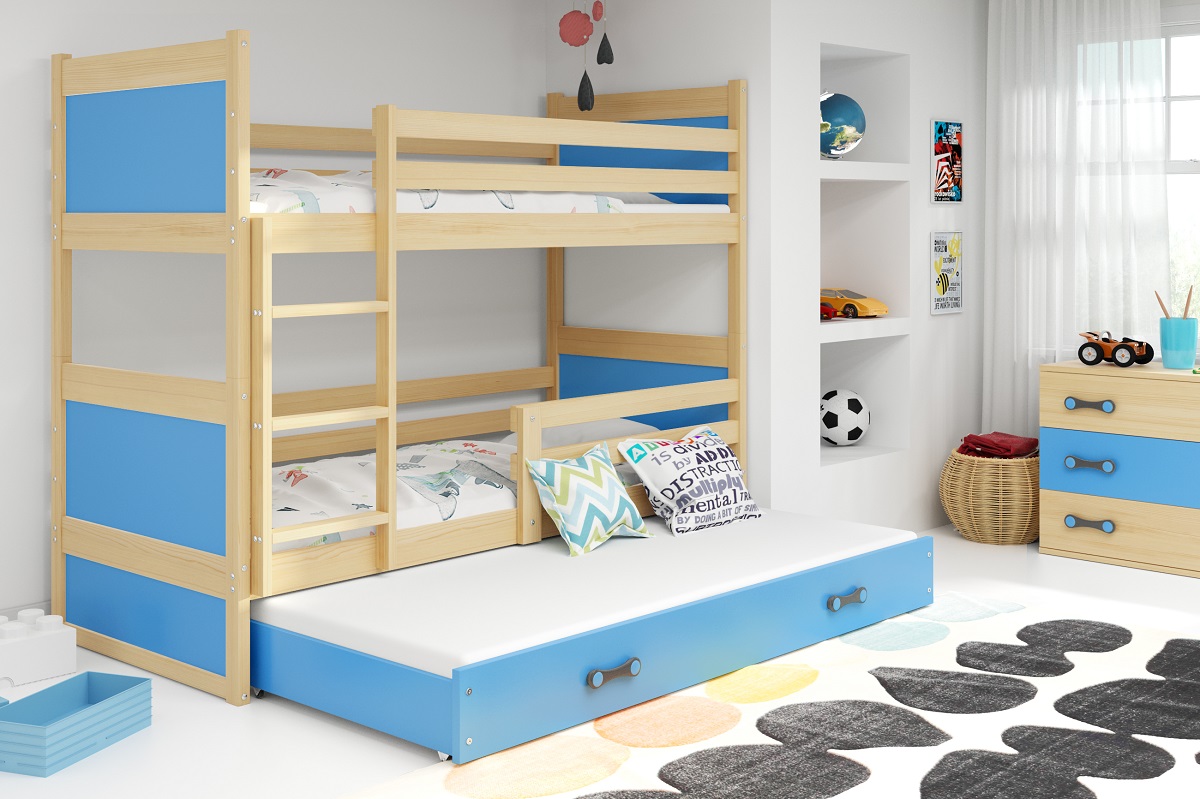 Levně BMS Dětská patrová postel s přistýlkou RICO 3 | borovice 90 x 200 cm Barva: Modrá