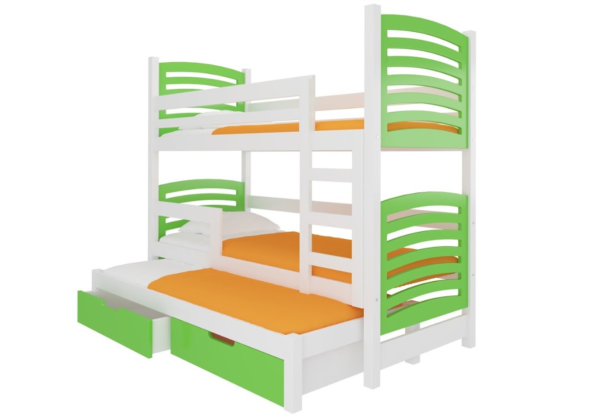 Levně ArtAdrk Dětská patrová postel s přistýlkou SORIA Barva: bílá / zelená