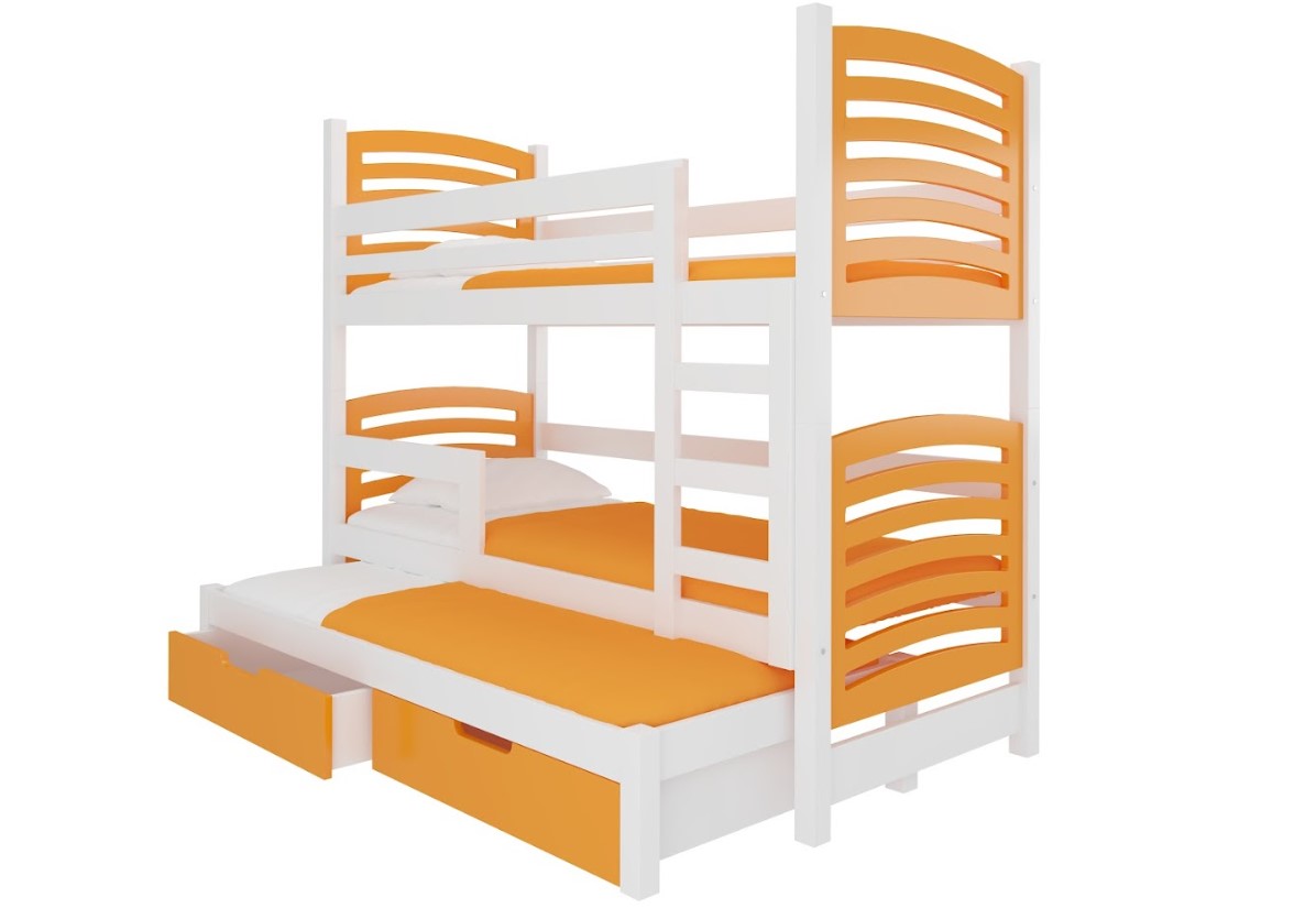 Levně ArtAdrk Dětská patrová postel s přistýlkou SORIA Barva: Bílá / oranžová