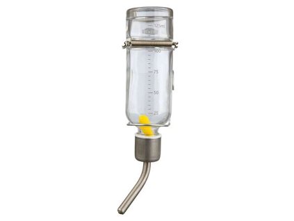 Skleněná napáječka s kovovým pítkem (Objem 125 ml, např. velký křeček, činčila)