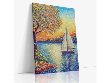 Pointilistický obraz lodi na klidném jezeře, obklopený zelenými stromy, zklidňuje duši.