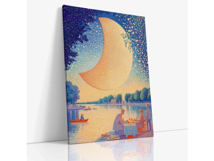 Pointilistický obraz měsíce odrážejícího se ve vodě, plný jemných teček a klidných barev noci.