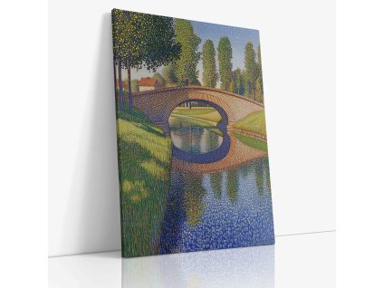 Pointilistický most přes klidnou řeku, plátno plné jemných teček a barevných vibrací.