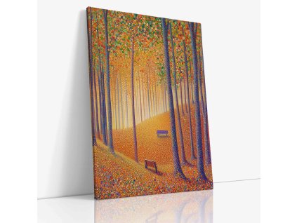 Pointilistický obraz podzimních laviček v parku, plný teplých barev a klidné atmosféry.