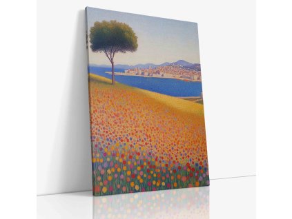 Pointilistické historické město u moře, plátno plné slunce a klidu, jemné barvy.