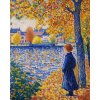 Umělecké plátno zachycující ženu u řeky v technice pointilismu, hřejivé barvy a poetická atmosféra.