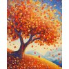 Pointilistické plátno s motivem stromu a padajícím listím, které evokuje klid a krásu podzimního dne.