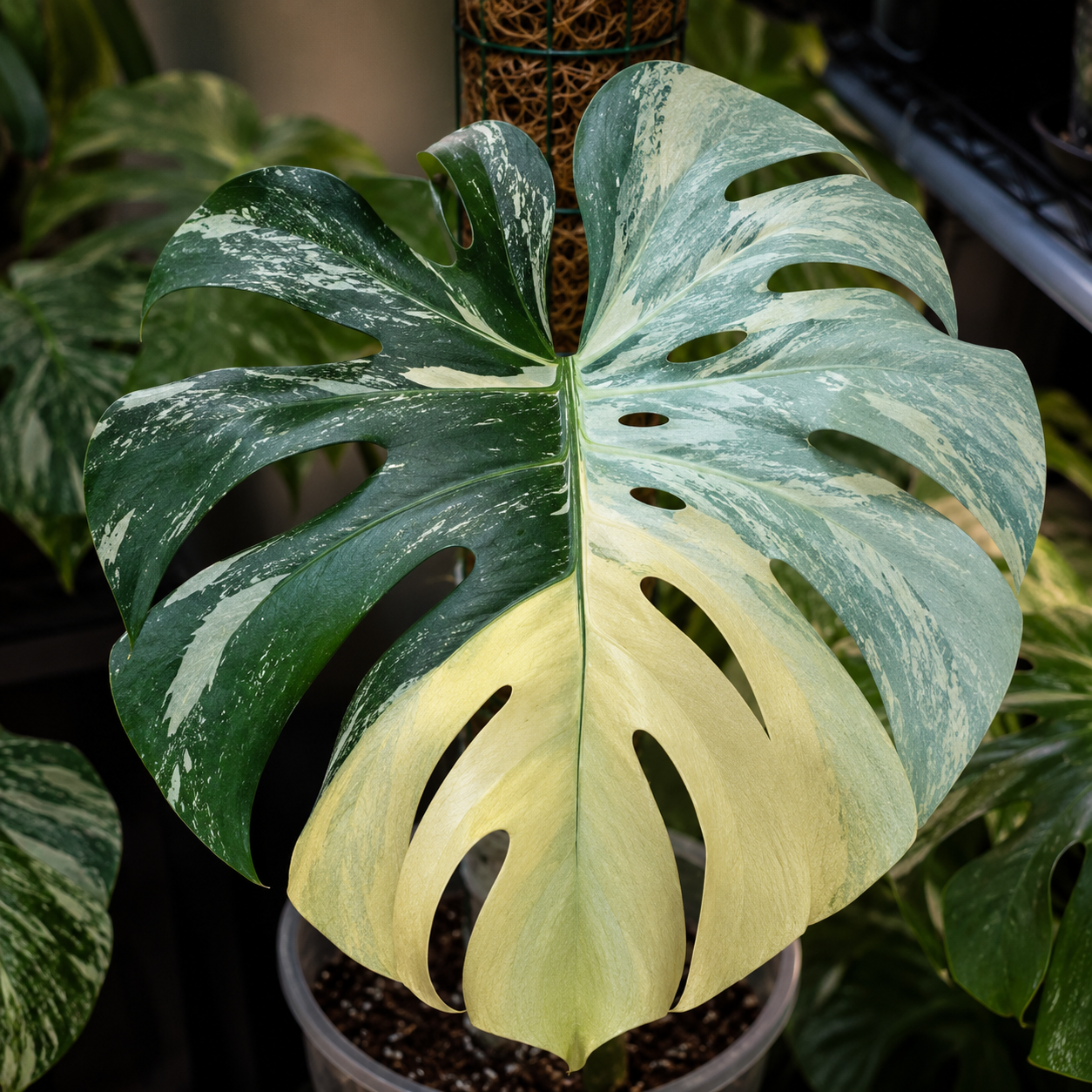 Monstera deliciosa Blue Mint s výraznou modrozelenou až mátovou variegací na velkém fenestrovaném listu. Světle modrozelené plochy plynule přecházejí do tmavě zelených částí a vytvářejí jemné mramorování typické pro tento vzácný sběratelský klon. Rostlina je pěstovaná na mechové opoře v interiéru.
