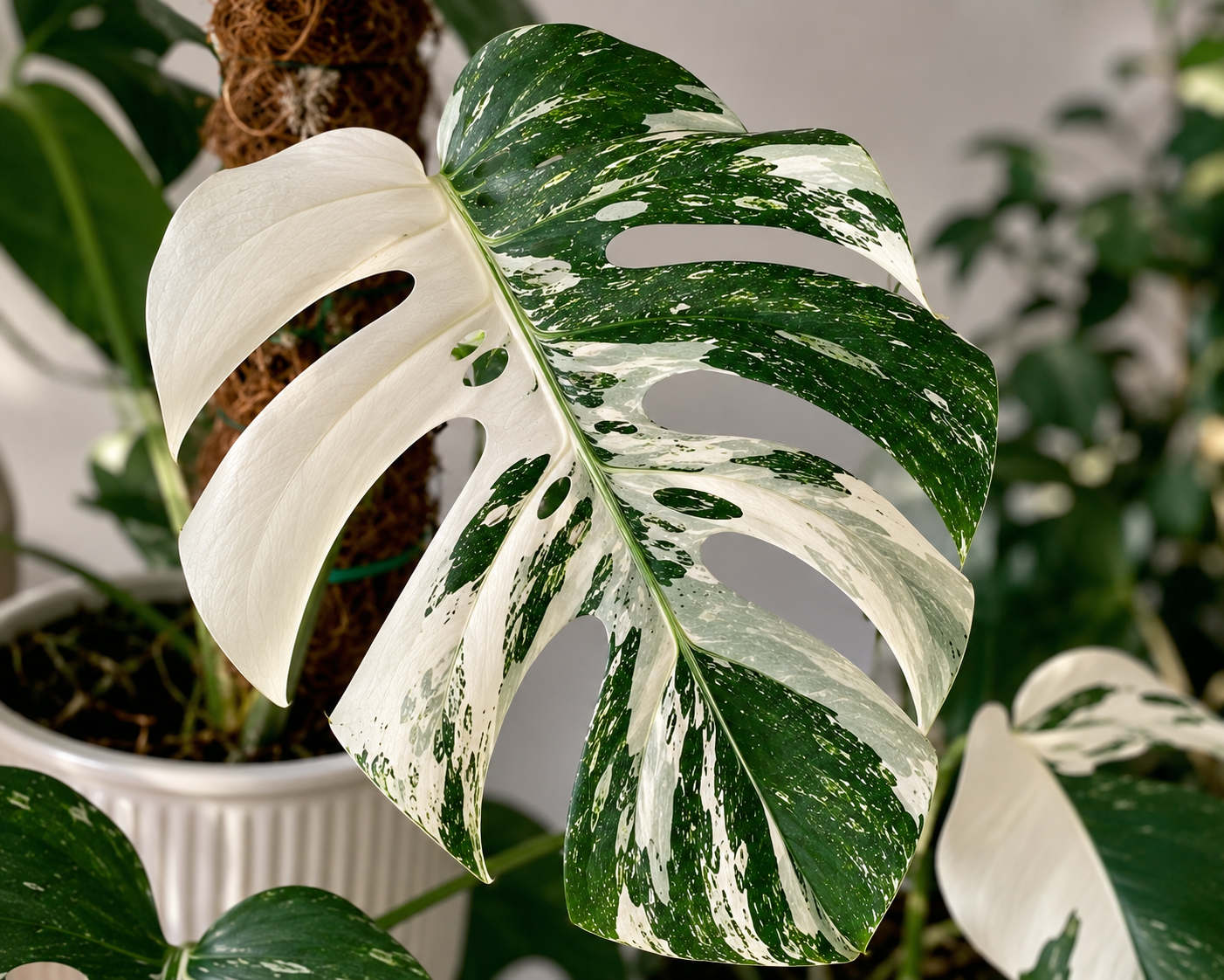 Monstera deliciosa Albo Variegata s výrazným půlměsíčním bílým sektorem a kontrastním zelenobílým mramorováním na velkém fenestrovaném listu. Rostlina je vyvázaná k mechové opoře a pěstovaná v interiéru s rozptýleným denním světlem.