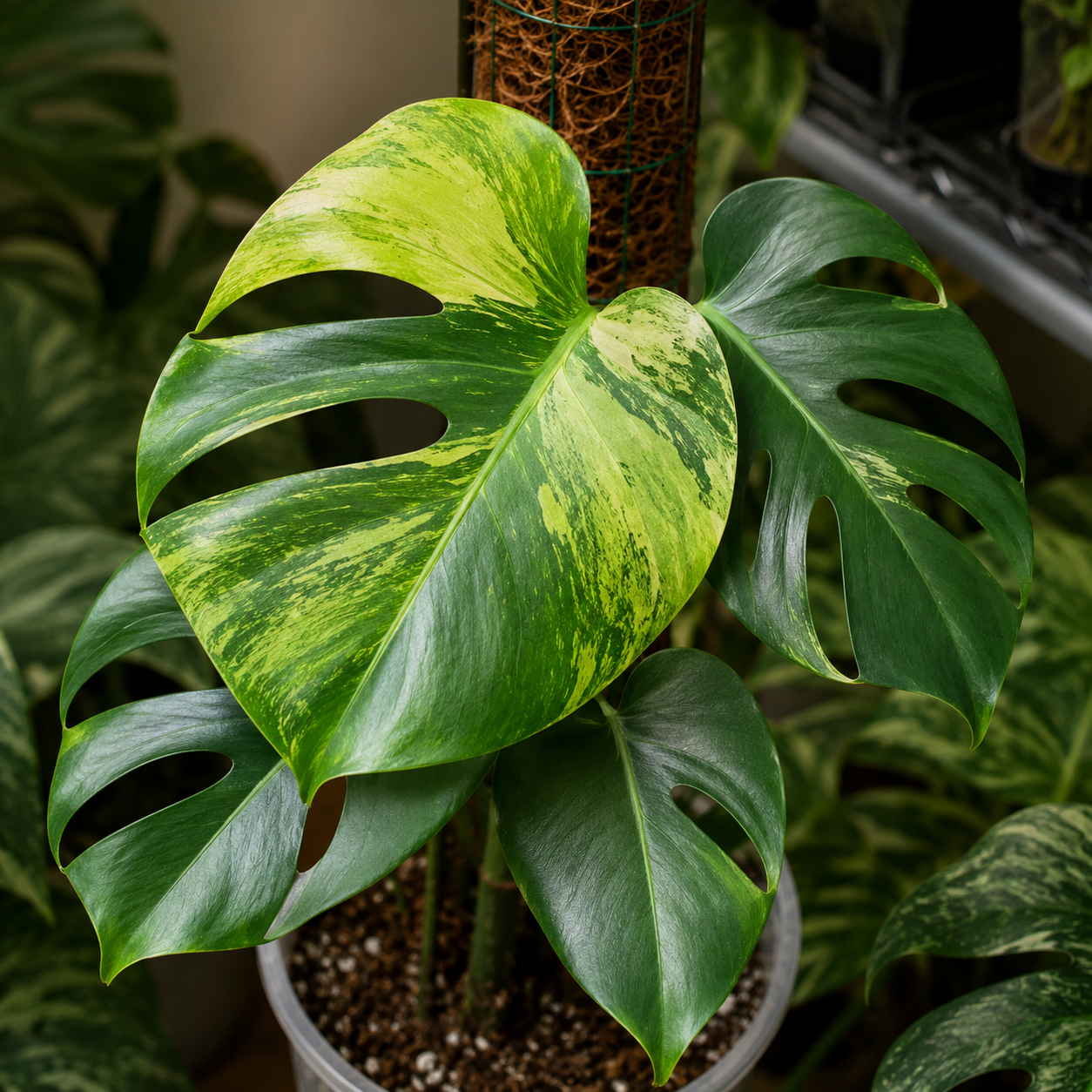 Monstera deliciosa Brazilian Mint s výraznou mátově zelenou variegací na velkém fenestrovaném listu. Světle zelené až limetkové mramorování plynule přechází do tmavě zelených částí listu a vytváří svěží, přirozený vzhled typický pro tento vzácný mint klon. Rostlina je pěstovaná na mechové opoře v interiéru.