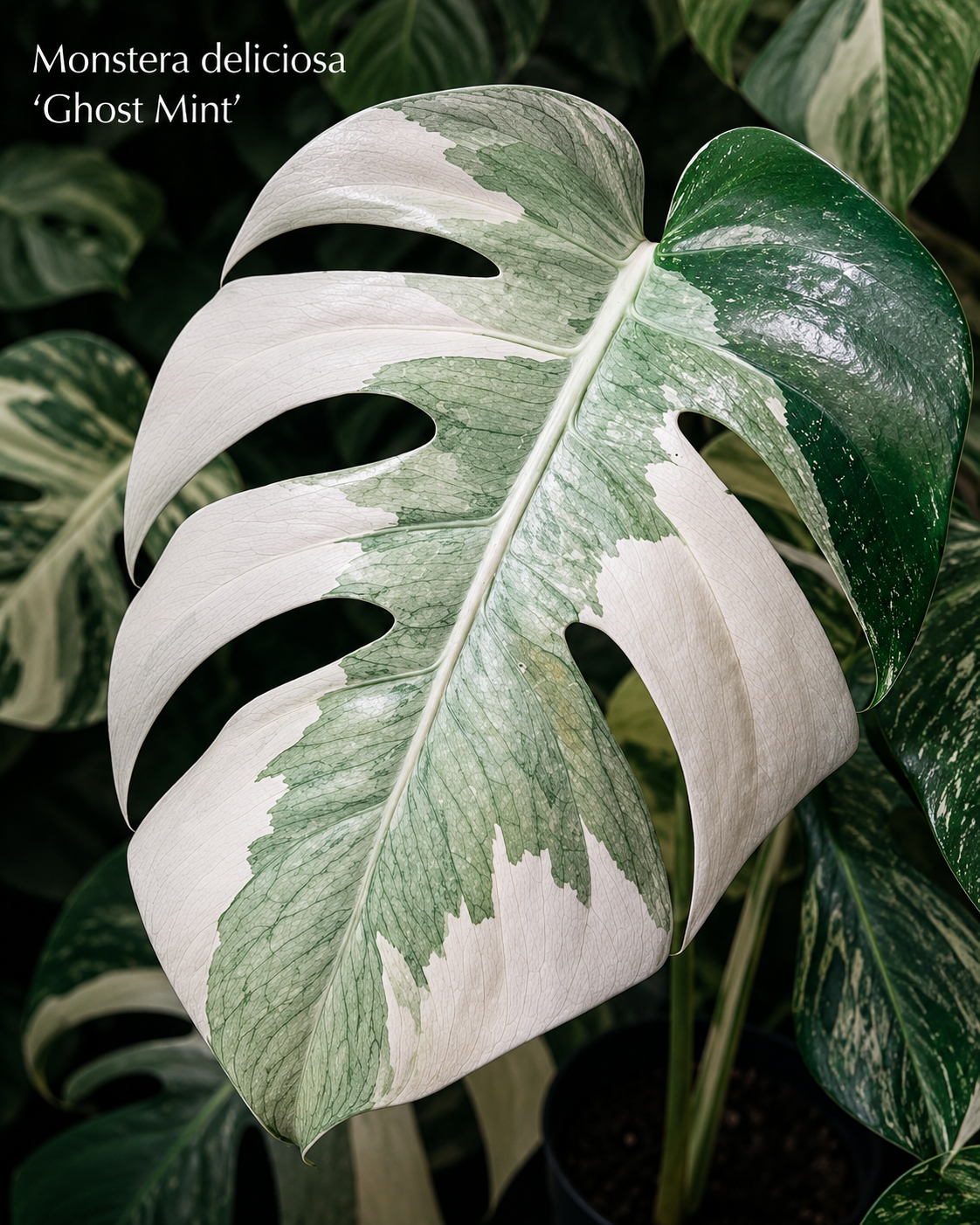 Monstera deliciosa Ghost Mint s velkým fenestrovaným listem zdobeným jemnou světle zelenou až stříbřitě mátovou variegací. Bílé sektory plynule přecházejí do mléčně zeleného mramorování a vytvářejí elegantní, téměř éterický vzhled typický pro tento vzácný sběratelský klon. Decentní kontrast a jemná kresba dodávají rostlině výjimečný tropický charakter.