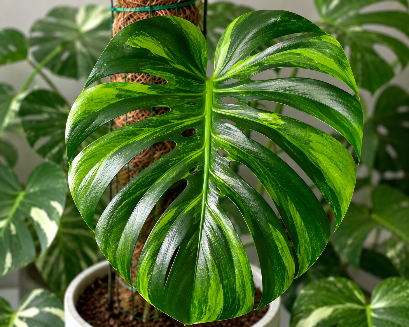 Monstera deliciosa Green on Green s výraznou světle zelenou variegací kontrastující s tmavě zelenými částmi velkého fenestrovaného listu. Jemné pruhy a mramorování vytvářejí elegantní tón v tónu efekt, zatímco rostlina roste na mechové opoře v interiéru.