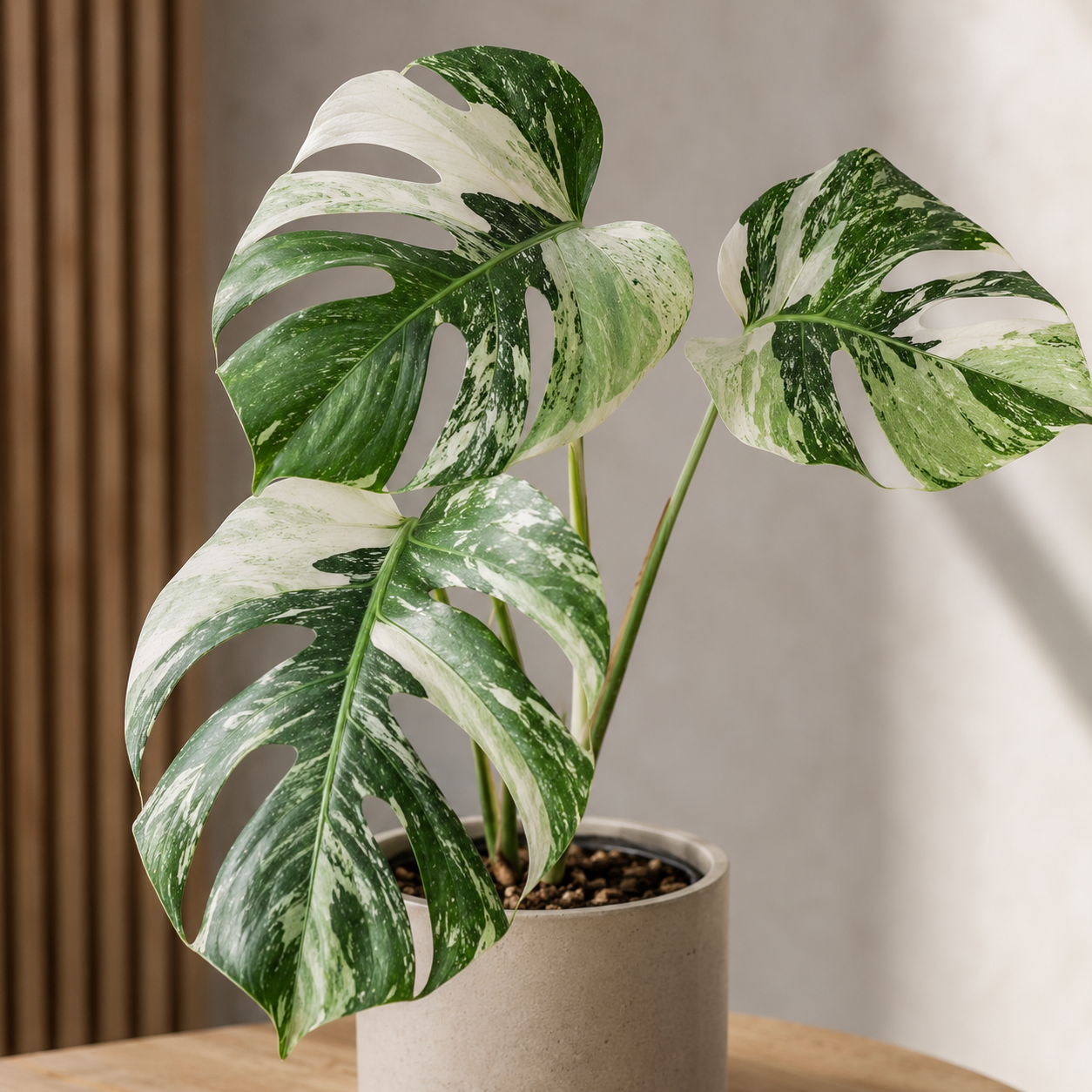 Monstera deliciosa Jungle Mint s výraznou mátově zelenou variegací na velkých fenestrovaných listech. Husté světle zelené mramorování je rovnoměrně rozprostřené po tmavě zelených listech a vytváří elegantní kontrast typický pro tento vzácný sběratelský mint klon. Rostlina je pěstovaná v interiéru a vyniká výraznou tropickou kresbou.