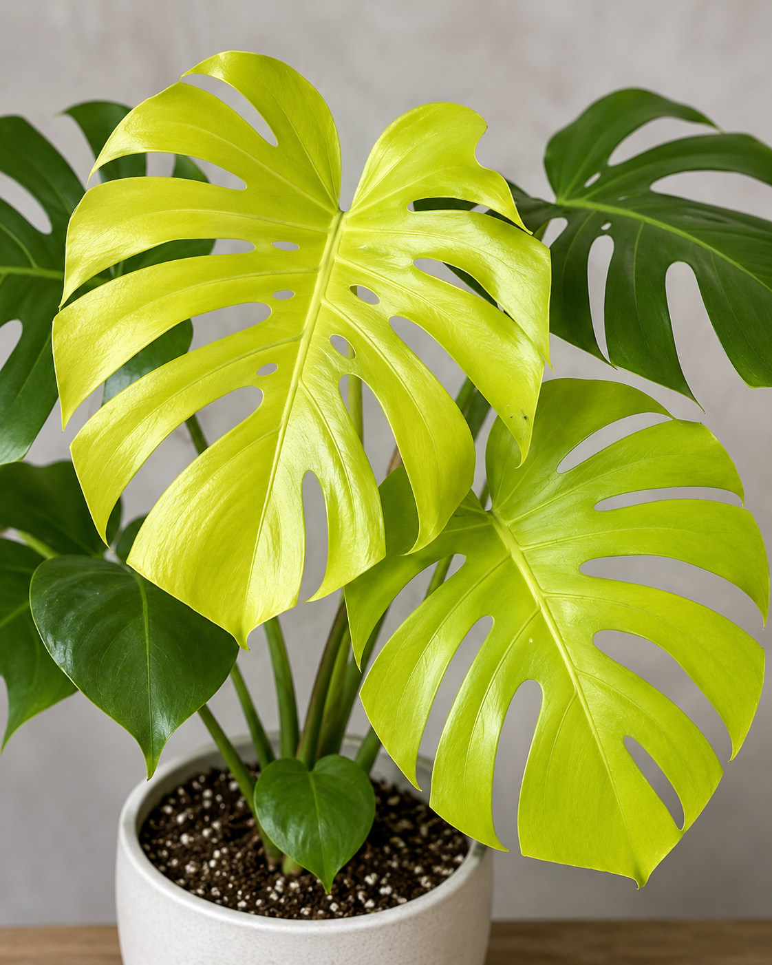 Monstera deliciosa Lemon Lime s výraznými limetkově žlutými fenestrovanými listy, které září svěží citronovou barvou a postupně přecházejí do jemně zlatých odstínů. Kontrast mezi zářivě žlutými a tmavě zelenými listy podtrhuje jedinečný vzhled tohoto vzácného sběratelského klonu a dodává rostlině výrazný tropický charakter.