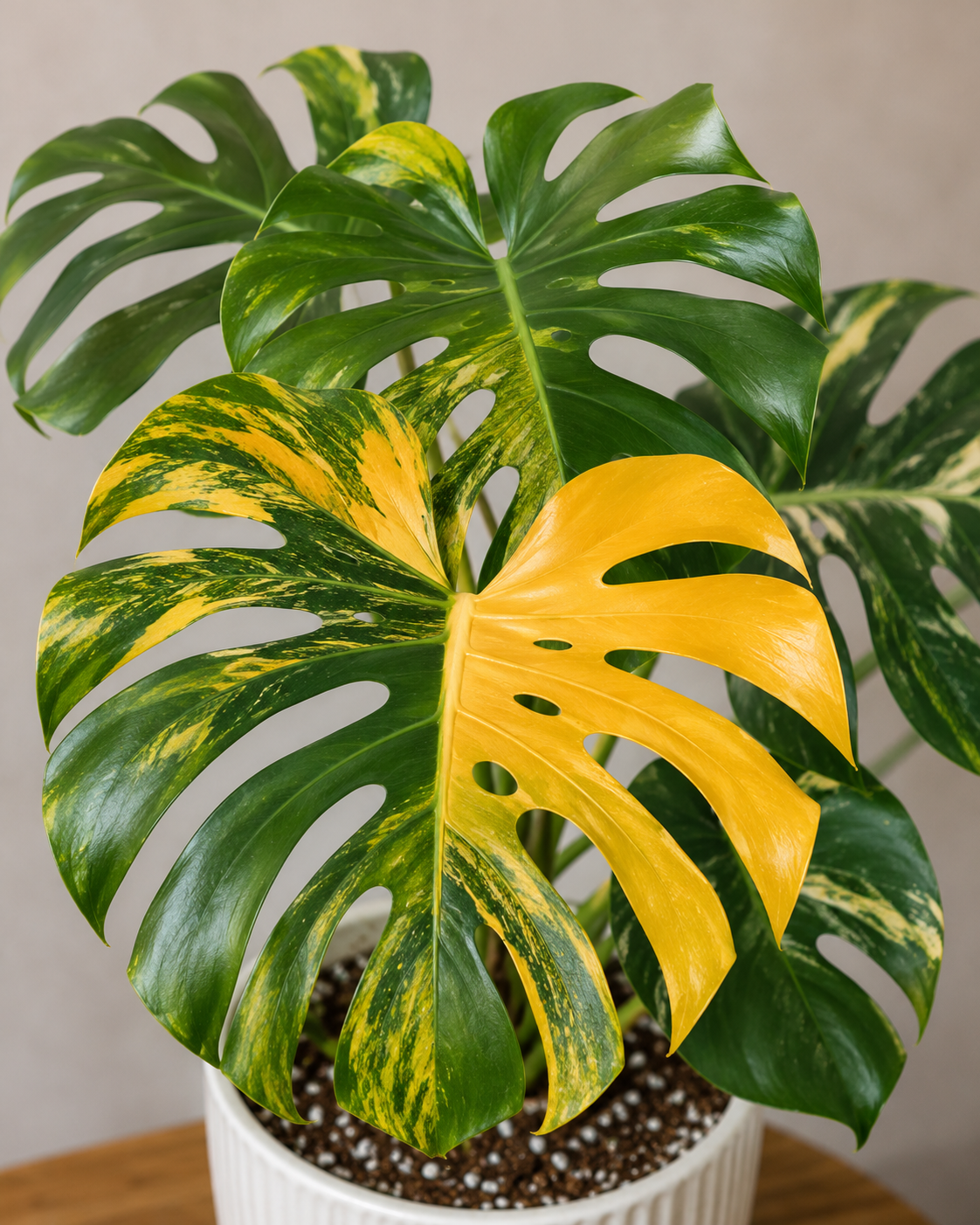 Monstera deliciosa Orange s velkými fenestrovanými listy zdobenými výraznou zlatožlutou až oranžově zlatou variegací. Teplé odstíny se prolínají s tmavě zelenými částmi listů a vytvářejí jedinečný kontrast typický pro tento vzácný sběratelský klon. Exotický vzhled a syté barvy dělají z rostliny nepřehlédnutelnou dominantu každé sbírky.