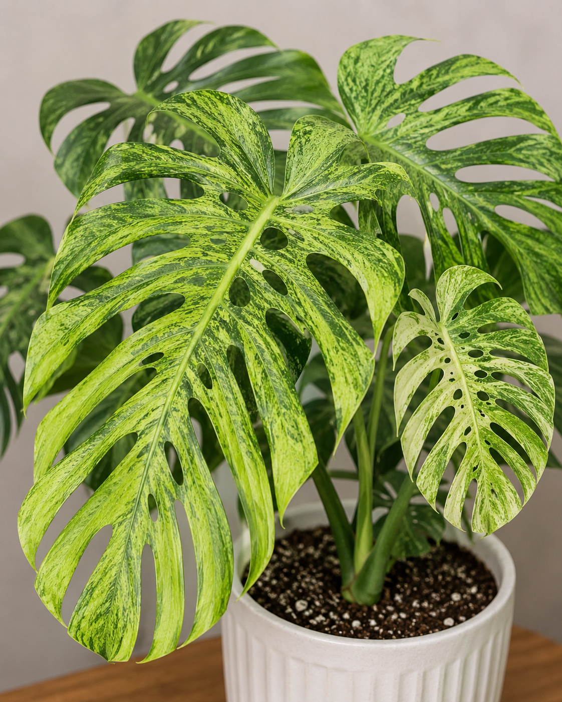 Monstera deliciosa Ryukyu s velkými fenestrovanými listy zdobenými jemnou světle zelenou variegací vytvářející nepravidelné ostrůvky na tmavě zeleném podkladu. Akvarelově působící mramorování dodává tomuto vzácnému sběratelskému klonu elegantní a přirozený tropický vzhled, který vyniká zejména na dospělých listech.