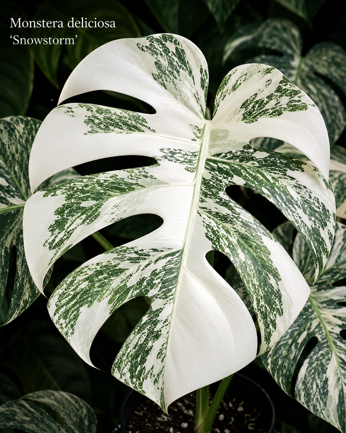 Monstera deliciosa Snowstorm s velkými srdčitými listy pokrytými výraznou bílou variegací a jemným zeleným mramorováním. Převaha sněhově bílých ploch vytváří působivý kontrast s tmavě zelenými ostrůvky a dodává tomuto vzácnému sběratelskému klonu elegantní, téměř ledový tropický vzhled.