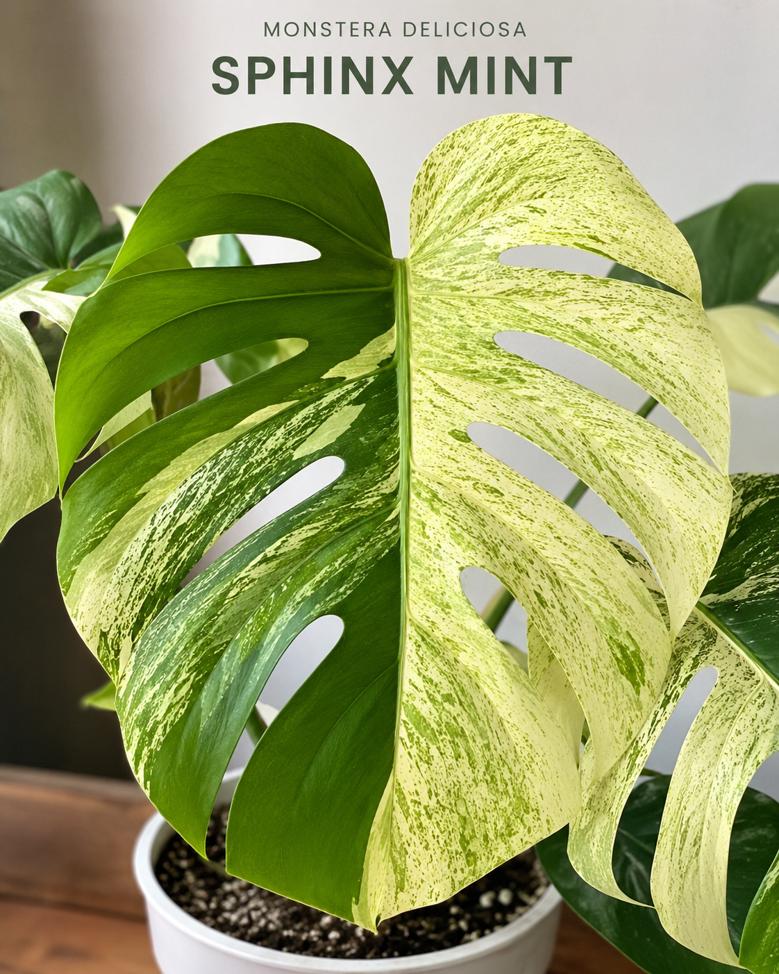 Monstera deliciosa Sphinx Mint s jemnou mátově zelenou variegací na velkém fenestrovaném listu. Světle zelené mramorování vytváří hustou, elegantní kresbu s plynulými přechody do tmavě zelených částí listu, což je typický znak tohoto vzácného sběratelského mint klonu. Rostlina vyniká luxusním tropickým vzhledem a výraznou strukturou listů.