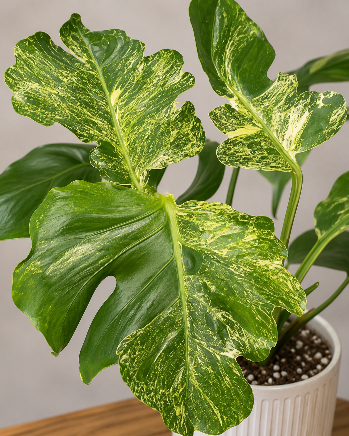 Monstera deliciosa Thunderbolt s výraznou zlatožlutou až limetkovou variegací připomínající blesky rozprostřené po velkých fenestrovaných listech. Dynamické pruhy a jemné mramorování kontrastují s tmavě zelenými částmi listů a vytvářejí jedinečný vzhled typický pro tento vzácný sběratelský klon. Rostlina vyniká sytými barvami a exotickým tropickým charakterem.