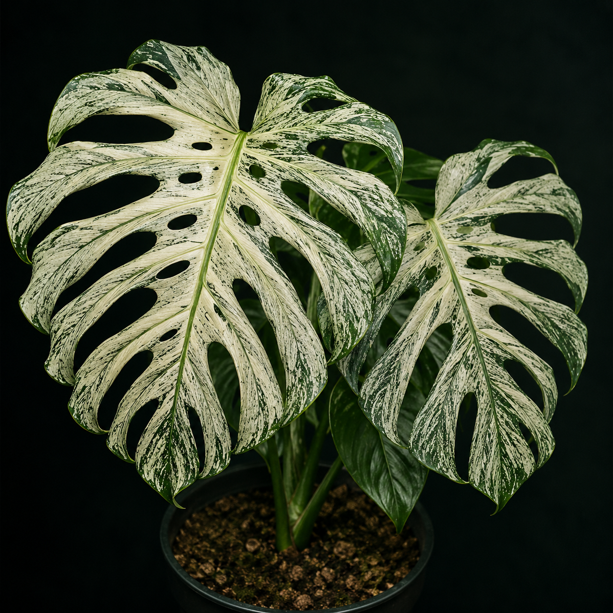 Monstera deliciosa Devil Monster s velkými hluboce vykrajovanými listy pokrytými výrazným krémově bílým mramorováním na tmavě zeleném podkladu. Jemná mozaiková variegace se rozprostírá po celé ploše listů a vytváří elegantní kontrast připomínající malované tahy štětcem. Tento vzácný sběratelský klon zaujme hustou kresbou, výraznou fenestrací a jedinečným tropickým vzhledem.