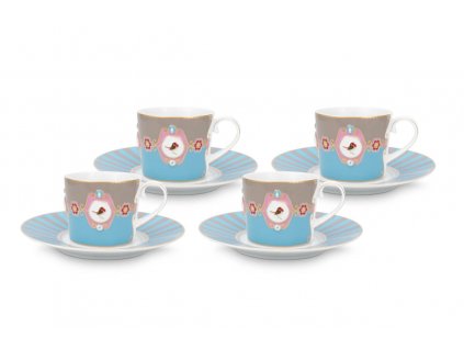 Pip Studio set 4 šálků s podšálky Love Birds modrá-khaki, 200 ml