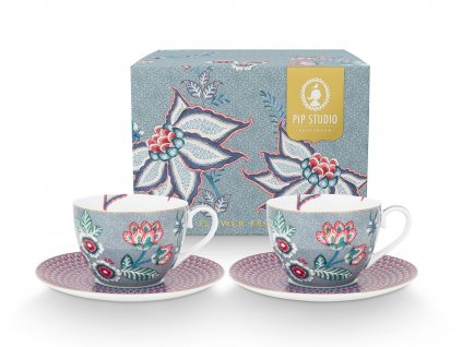 Pip Studio set 2 šálků s podšálky Flower Festival modrý, 280 ml