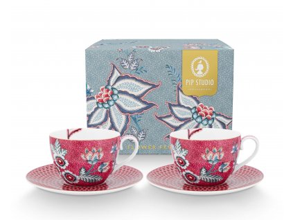 Pip Studio set 2 šálků s podšálky Flower Festival tmavě růžový, 280 ml