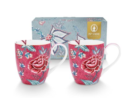 Pip Studio set 2 hrnků Flower Festival tmavě růžový, 450 ml