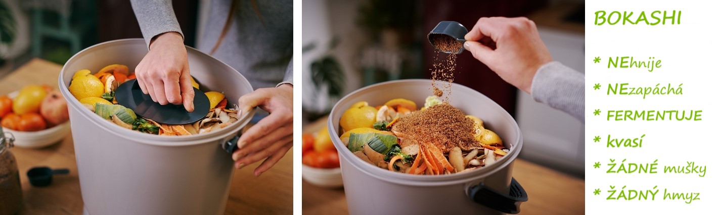 Domácí kompostér BOKASHI - vytříděný odpad nehnije, ale fermentuje (kvasí). Nezapáchá a neláká hmyz. Zachovává si veškeré živiny.  získáte kvalitní BOKASHI hnojivo a fermentační tekutinu jako hnojivo pro domácí květiny snížíte množství směsného odpadu až 