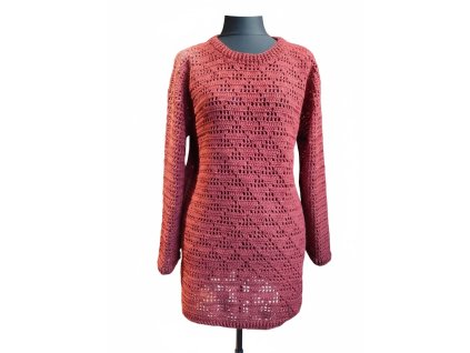 Ručně háčkovaný dlouhý svetr vínový vel M/L